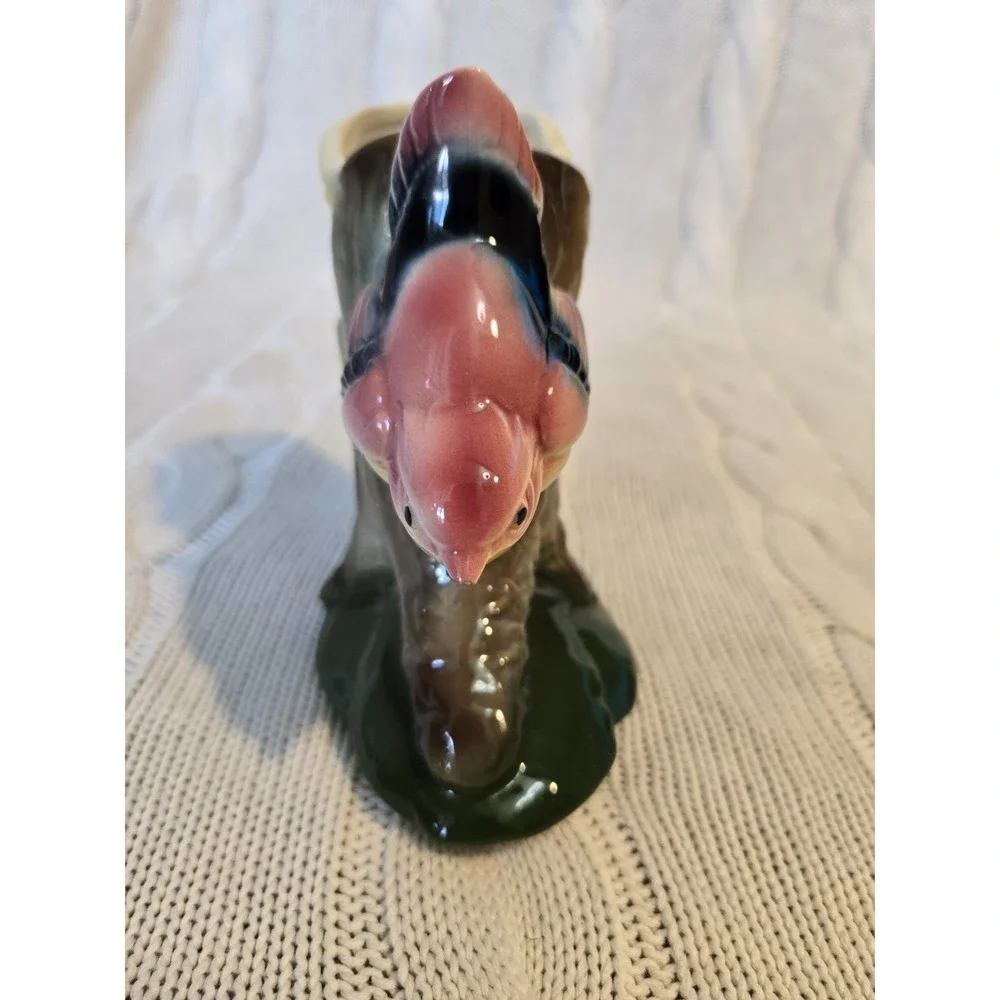 Vintage Royal Copley Hand Painted Pottery Nuthatch Like Bird On Branch Vase